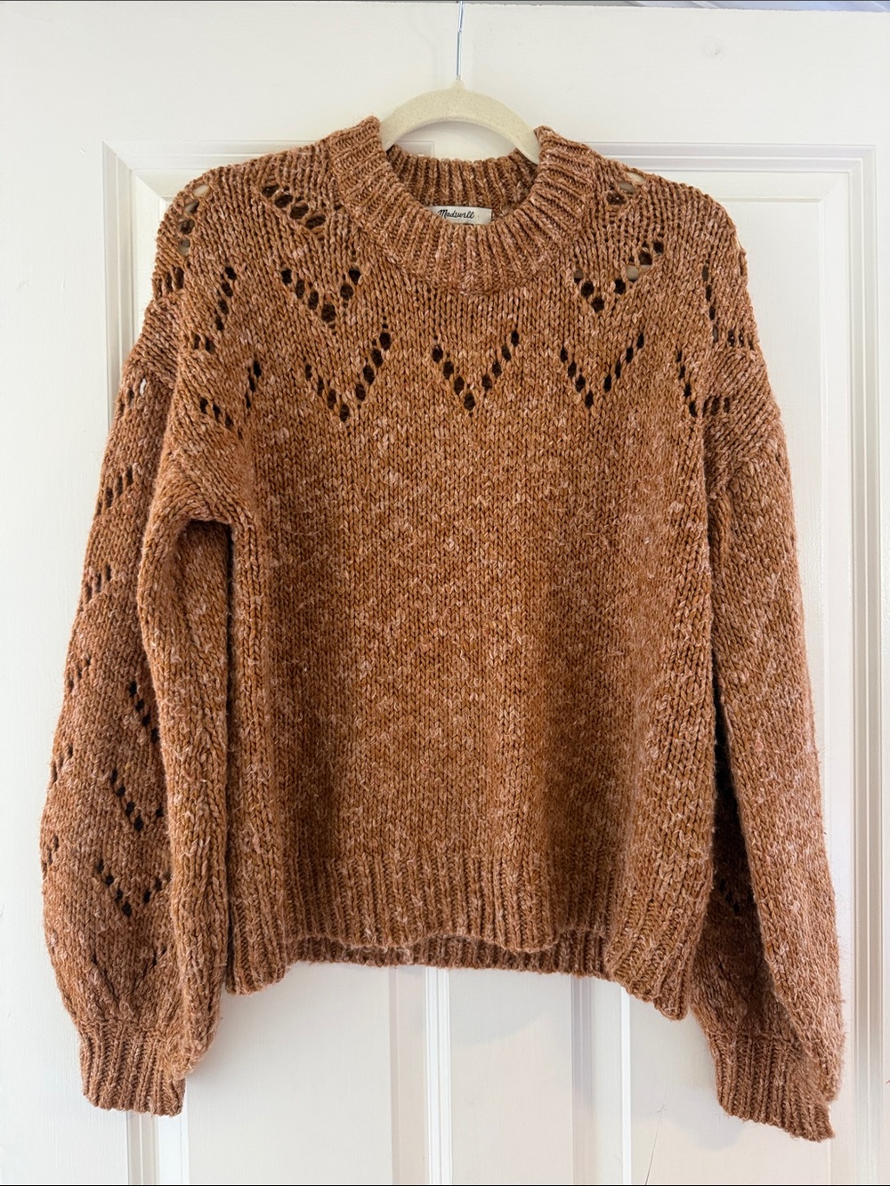 Madewell Open‑Stitch Crewneck Sweater in Rust Brown